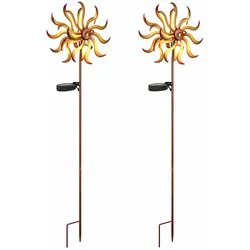 2er Set Gartendeko Windrad LED Außen Solarleuchte gold Terrassenlampe Außenleuchte mit Erdspieß, Metall gold , Bruchglas, warmweiß, LxH 22x 92 cm