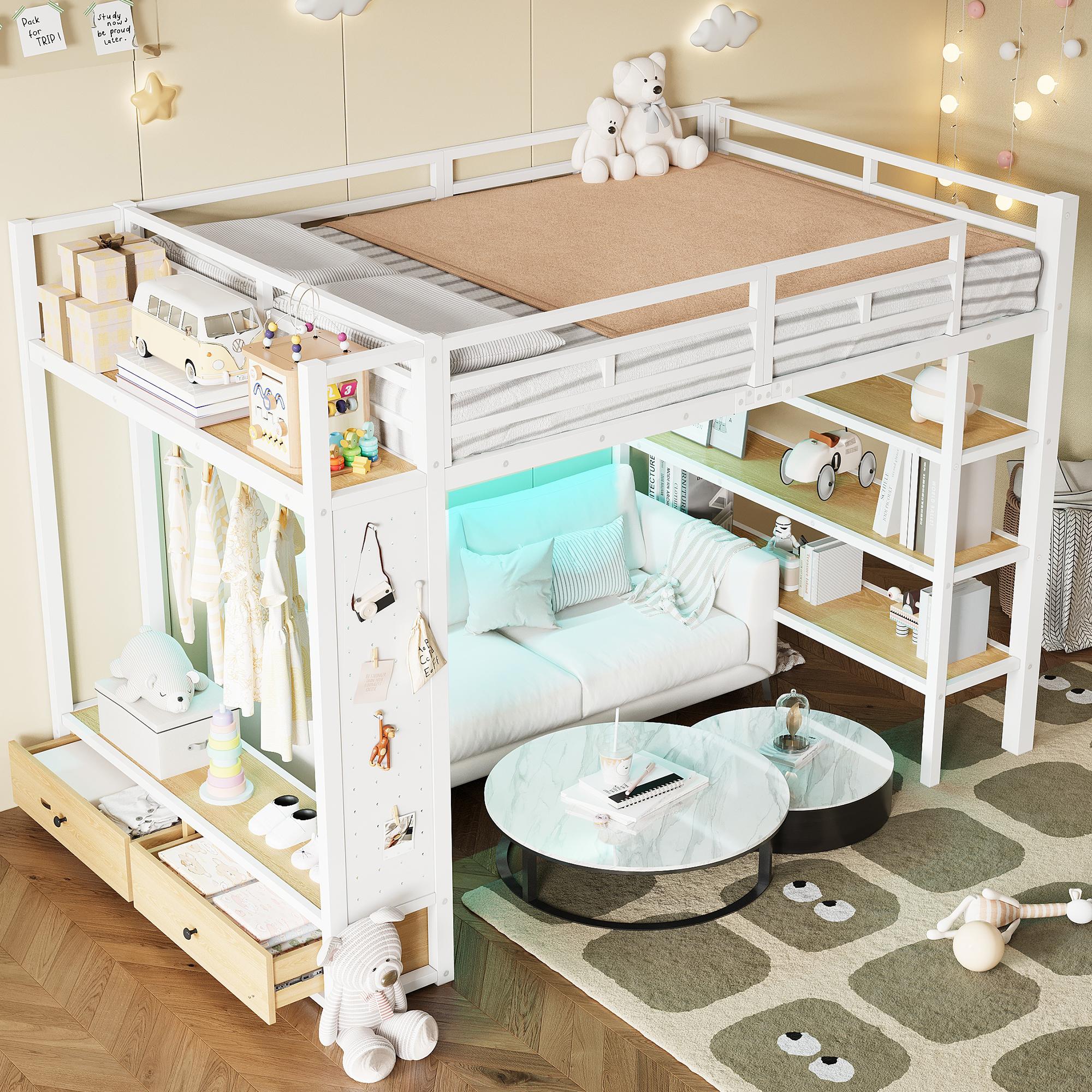 MODFU Jugendbett 140x200 mit Ablagefächern und offenem Kleiderschrank Hochbett LED-Beleuchtung Bettgestell mit Lochwand ohne Matratze Weiß