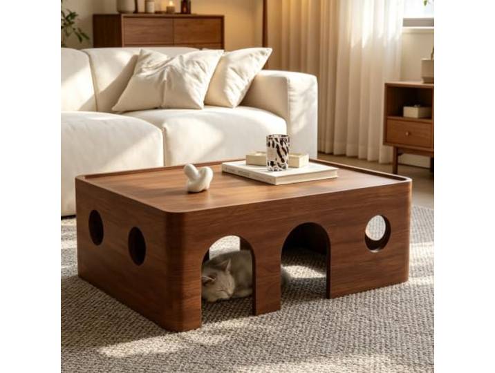 Vintage Couchtisch aus Massivholz mit integriertem Katzenbett & Stauraum Couchtisch mit integrierter Katzenhöhle, Doppelfunktion: Wohnzimmertisch und Versteck für Katzen(Walnut-A,31.5in)