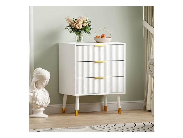GarveeMore Kommode mit 3 geräumige Schubladen,Vielseitige Fluted Kommode, goldenen Metallgriffen und Metallfüßen,große Aufbewahrung für Eingang