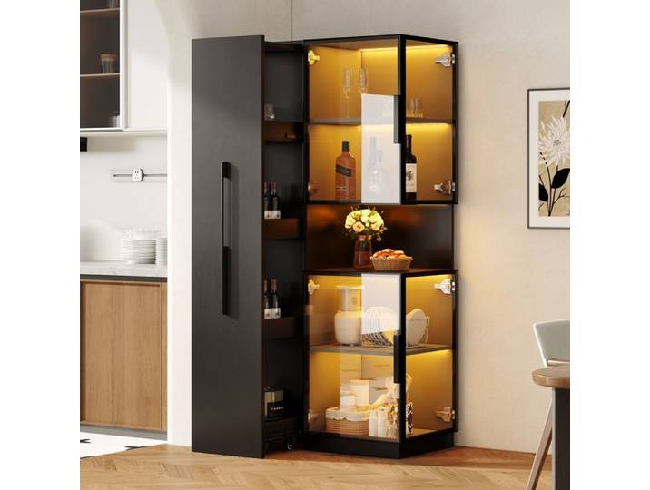 Vitrine 70×38×160 cm Double Verre LED Étagère Coulissante Meuble Haut Rangement Salon Salle à Manger Cuisine