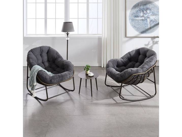 Fauteuil à bascule de jardin 78x106x90 cm EVRYAE - rotin synthétique tressé à la main structure en acier - Gris