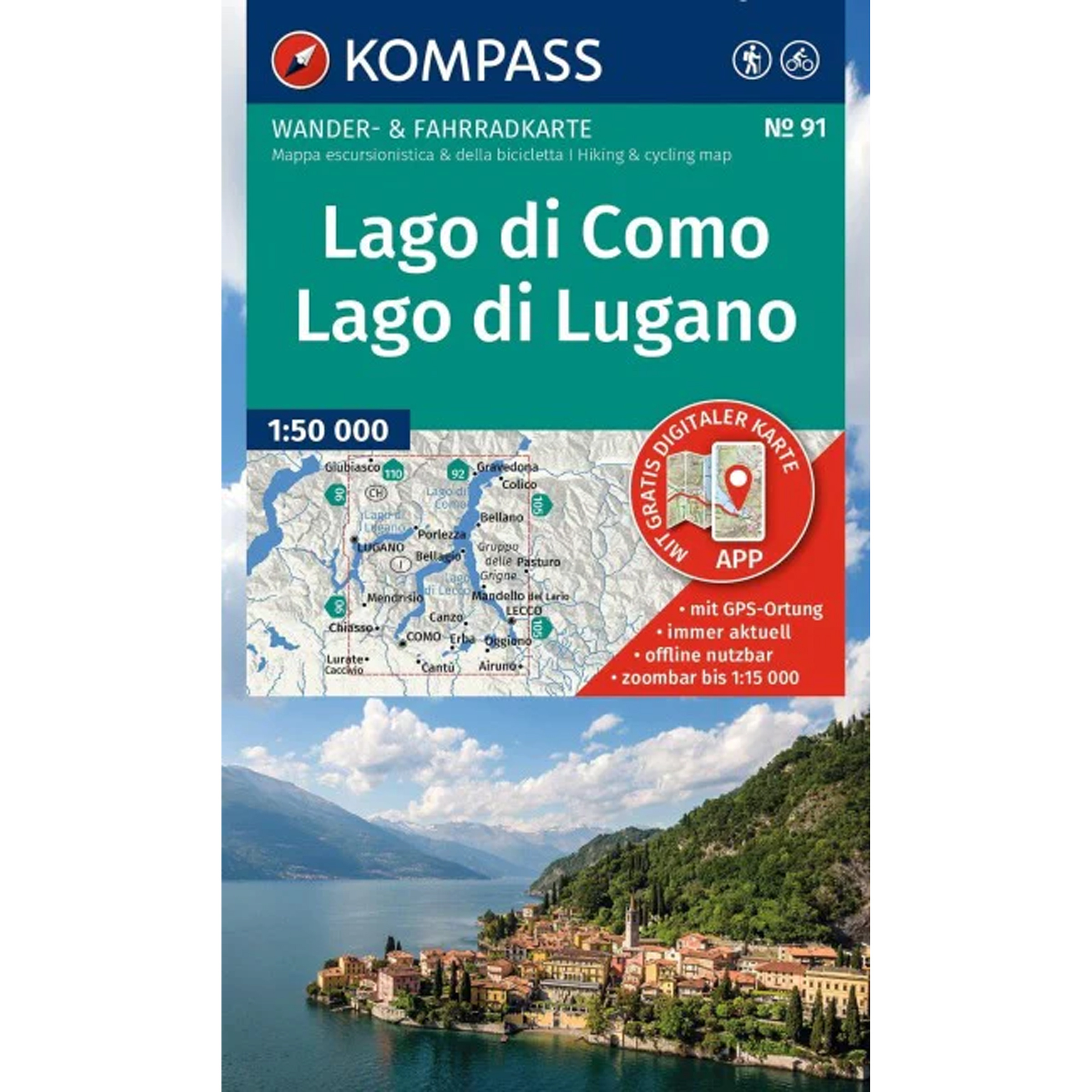 Kompass Verlag WK 91 Lago di Como - Lago di Lugano Topografische Karten tuerkis