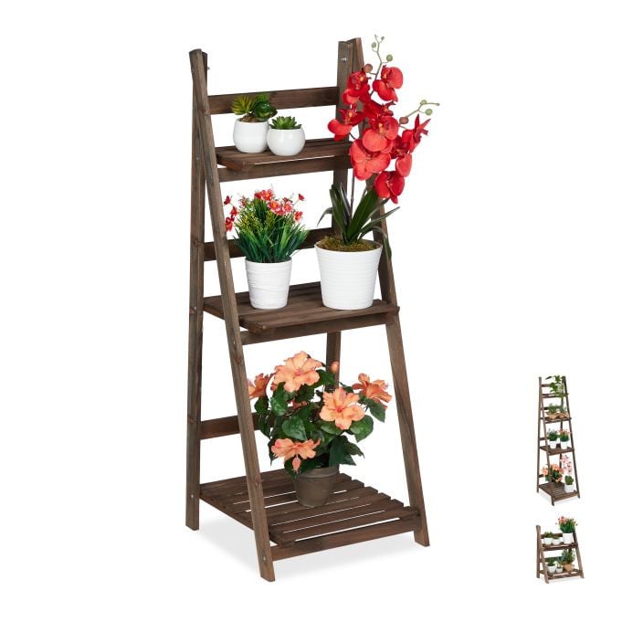 Relaxdays Plantenrek van hout, 3 etages, Bruin, H 108 x B 41 x D 40 cm