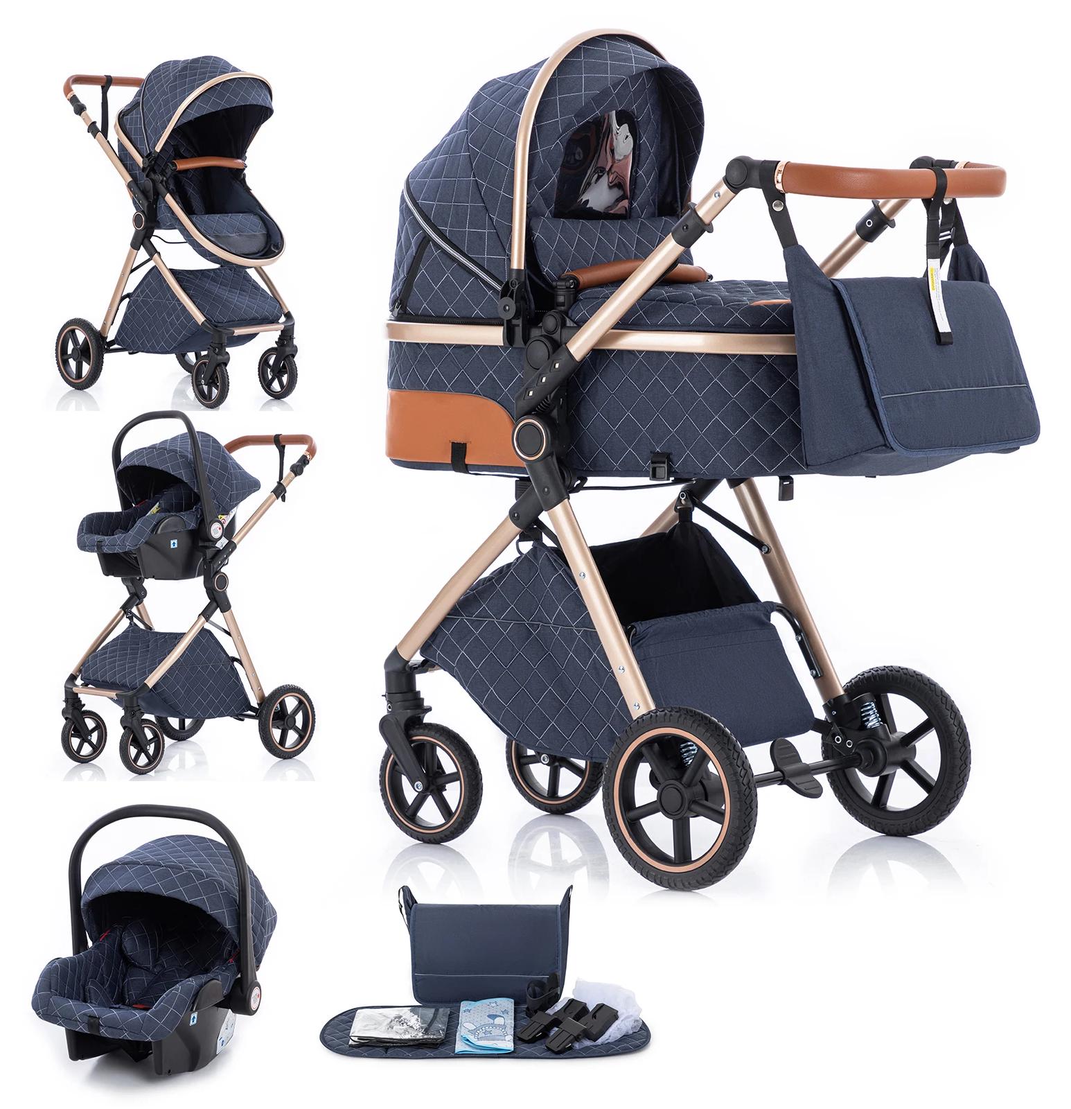 Luxus Kinderwagen - 3-in-1 Kombikinderwagen - Hohe Sitzposition - Klappbar für Reise - Verstellbarer Schiebegriff - Bis 20 kg - Blau kariert