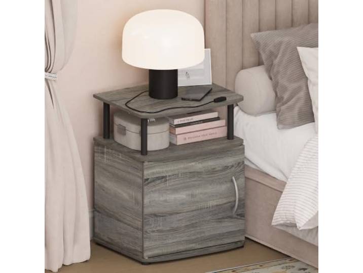 Furinno Jaya Nachttisch mit Türschrank, Nachttisch, französische Eiche Runder Eck-Nachttisch, Beistelltisch, Beistelltisch, für kleine Zimmer, Schlafzimmer, Schrank