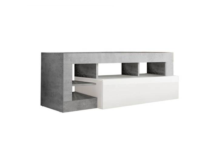 ARTURO - Meuble TV 1 Abattant Blanc Laqué Encadrement Niches Aspect Cimento