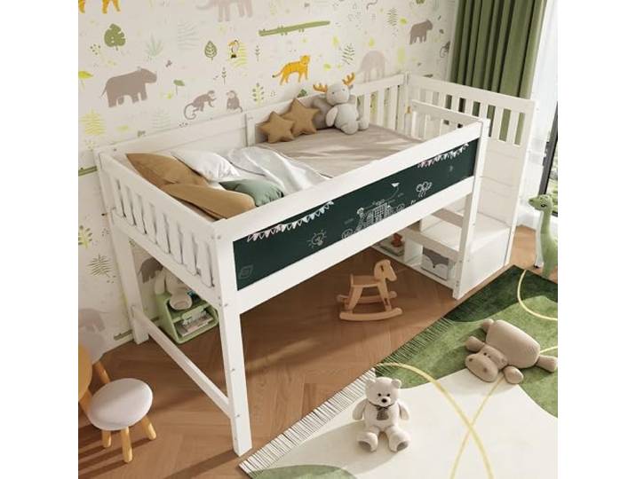 KUAKE Kinderbett Hochbett mit Whiteboard&Tafel,Speicherung und Rausfallschutz 90 x 200 cm, Weiss Hochbett für Kinder– Lattenrost- Weiß