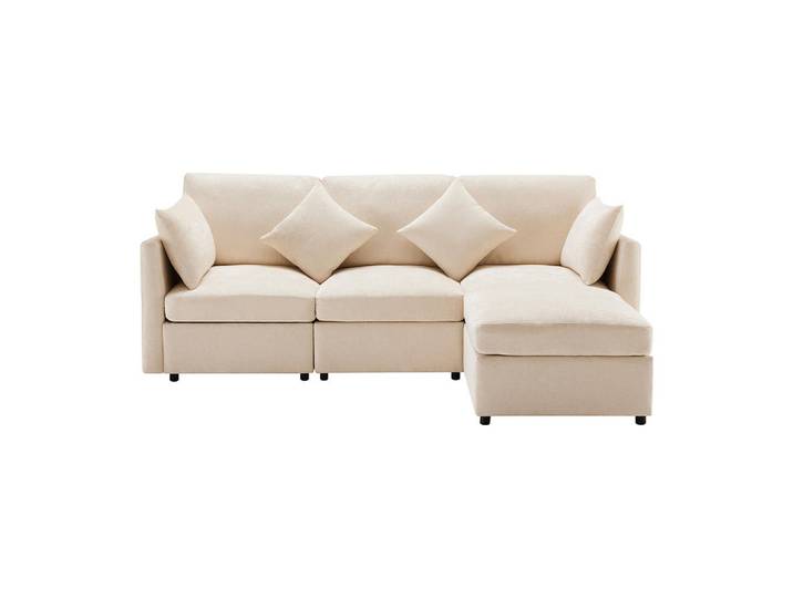 Komhtom Ecksofa in Beige Chenille-Stoff， L-förmiges, Kunststoff, Mode, 216x161 cm, Wohnzimmer, Sofas & Couches, Wohnlandschaften, Ecksofas