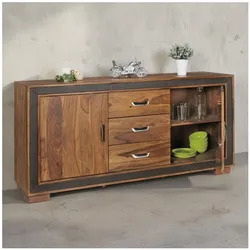 KADIMA DESIGN Rustikales Sideboard, Sheesham Massivholz, Kunstleder, 160x44x80 cm
