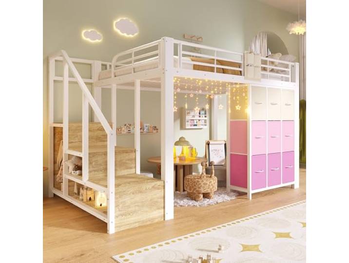 BTM Metall Hochbett 140x200 mit Treppe und Modulares Schubladen Hochbett Jugendliche mit Stauraum, Weiß