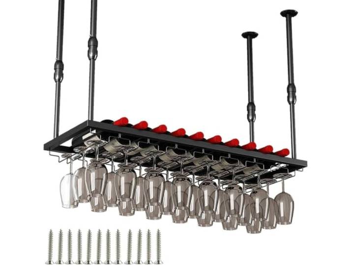 LigedamaiEU An der Decke montiertes Weinregal mit höhenverstellbarer Hängestange, umgedrehtem Stielglashalter, Weinflaschen-Aufbewahrungsregal(Black,100CMX30CM)