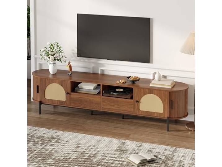 RAPRAP Ovales TV-Schrank 200Cm Lang Mit Rattan, Schiebetüren, Türen Und Schubladen, Holzoptik Tv Lowboard, Metallbeinen, Kabeldurchlass MDF,Walnut