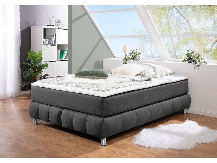 Boxspringbett, Strukturstoff, Grau, 146×206 cm, Ohne Kopfteil, Skandinavisch, andas