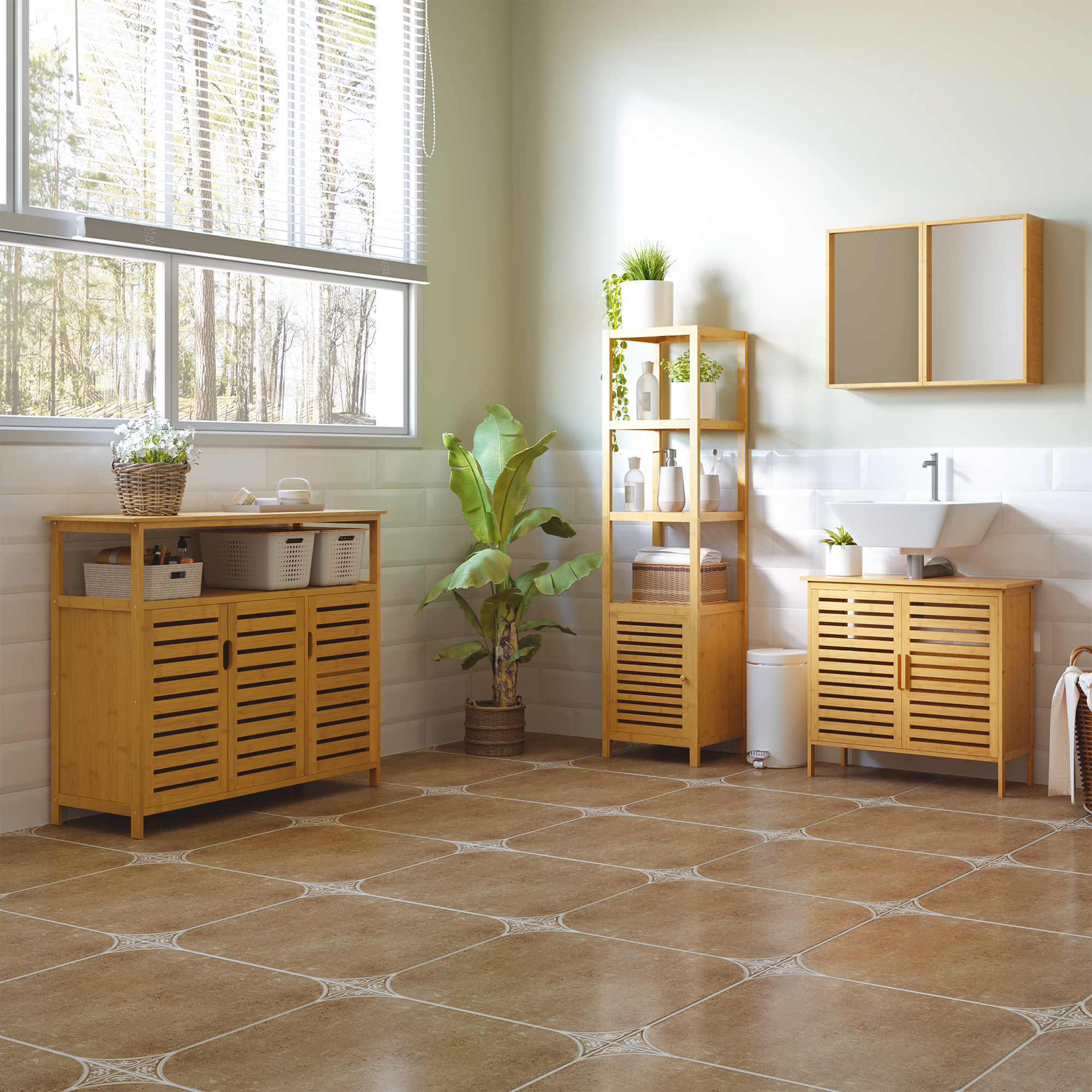 Homcom Buffet mobile da cucina 3 porte traforate e ripiani in bambù 100 x 35 x 82 cm naturale