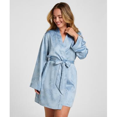 Bademantel HUNKEMÖLLER "Kimono Floral" Gr. M, blau, M/L, 100% Polyester, Hausmäntel, Bademantel