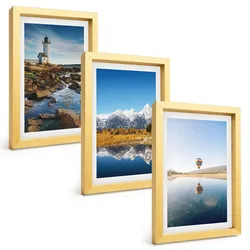 BILDER SET 3er Set - 20x30 cm Goldrahmen - Naturansichten, Leuchtturm, Berge, Ballonfahrt