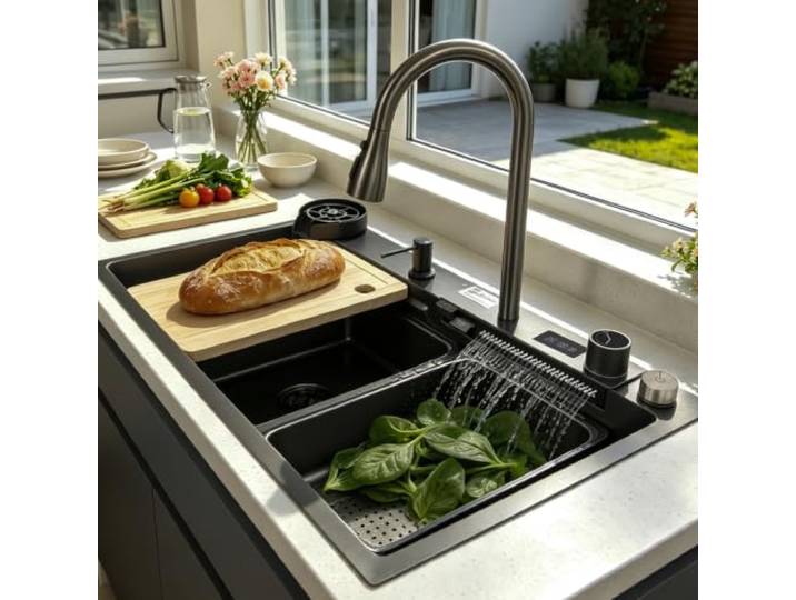 KOOGIMDDR 80x45cm Küchenspüle Aus Edelstahl Multifunktionale, Einzelbecken Mit Wasserfall-Nanobeschichtung Und 3-in-1-Ausziehhahn, Tiefes küchenwaschbecken Mit Schneidebrett, Tassenspüle spüle