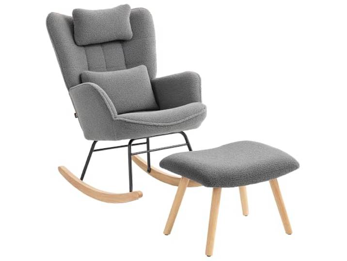 HOMCOM Schaukelstuhl mit Hocker Gepolstert mit Lendenkissen Dunkelgrau Schaukelsessel, Schwingsessel, Kopfstütze, Relaxsessel, Fleece-Bezug, Hoher Rückenlehne, Schwingstuhl, für Wohnzimmer