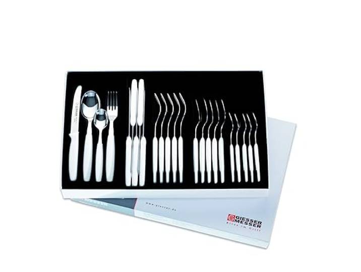 Giesser Messer - Made in Germany - Besteck Set 24 Teile, Tomatenmesser, Gabel, Esslöffel, Teelöffel, Griffe aus PP-Kunststoff, Besteck Oberteile aus rostfreien Edelstahl - weiß