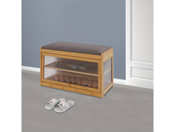 Meuble à chaussures en bambou à 2 niveaux, meuble à chaussures fermé pour entrées, banc à chaussures avec siège, banc de rangement, couloirs, capacité jusqu'à 70 kg (bois)