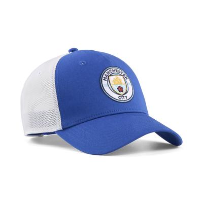 Trucker Cap PUMA "Manchester City KING Trucker Cap Erwachsene", Herren, Gr. onesize, blau (speedy blau weiß), Futter Vorderteil: 100% Polyester. Hinterer Einsatz: 100% Polyester, mehrfarbig, Caps