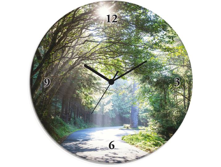 Wanduhr ARTLAND Glasuhr rund Sonniger Wald , grün, B:30cm H:30cm T:1,8cm, Wanduhren, Wanduhr, wahlweise mit Quarz- oder Funkuhrwerk, lautlos ohne Tickgeräusche