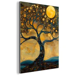METALLBILD Baum - Mond - Blumen - Gold - Kunst 60x80 cm