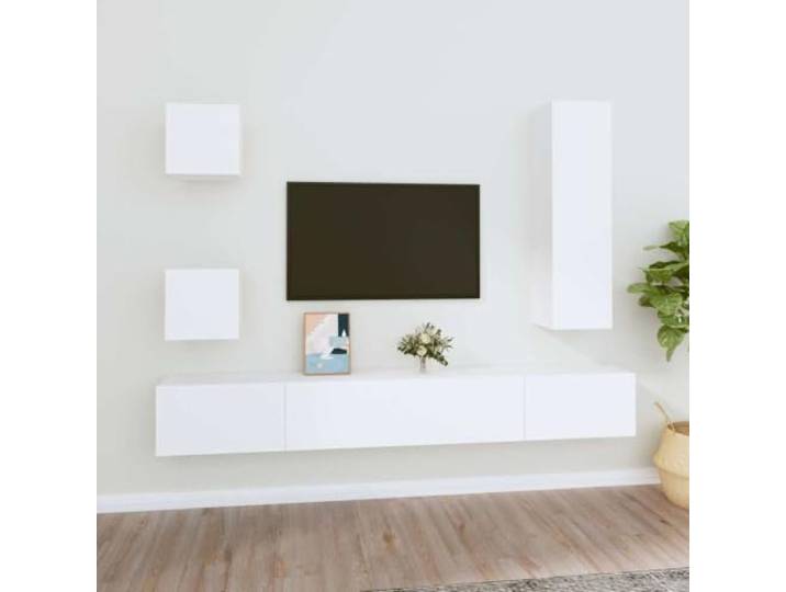 HEFZGDB 5-TLG. TV-Schrank-Set Weiß Holzwerkstoff mit Wandmontage und reichlich Stauraum für Wohnzimmer