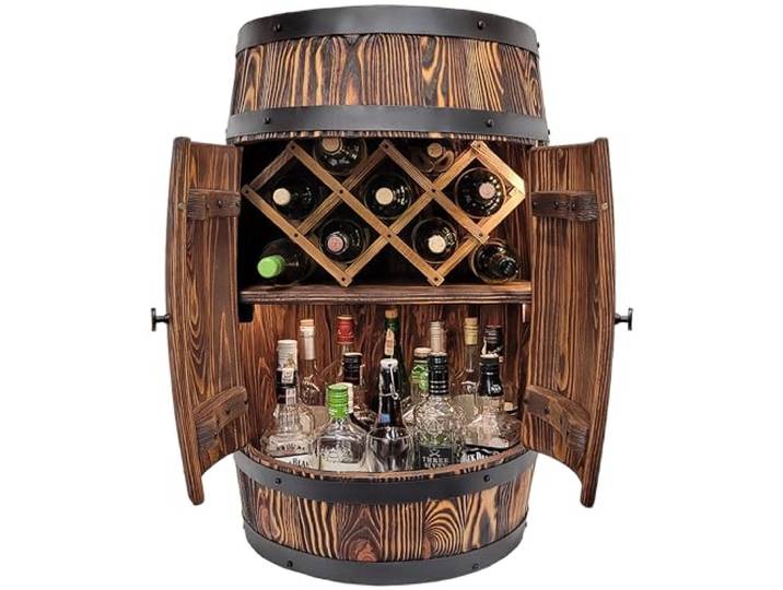 weeco Weinregal gebürstetes Holz und Weinhalter, LED Beleuchtung - Minibar, Barfass aus Holz für Alkoholflaschen, deko barschrank, weinständer, weinregal holzfass fassbar, Flaschenhalter Weinfass Bar