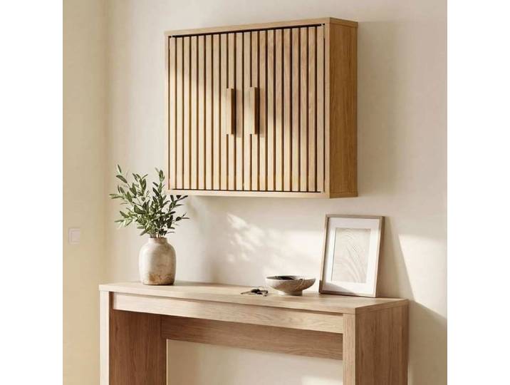 2 Portes Armoire Murale Salle de Bain Rangement Suspendu Meuble Haut avec Étagère Réglable Naturel