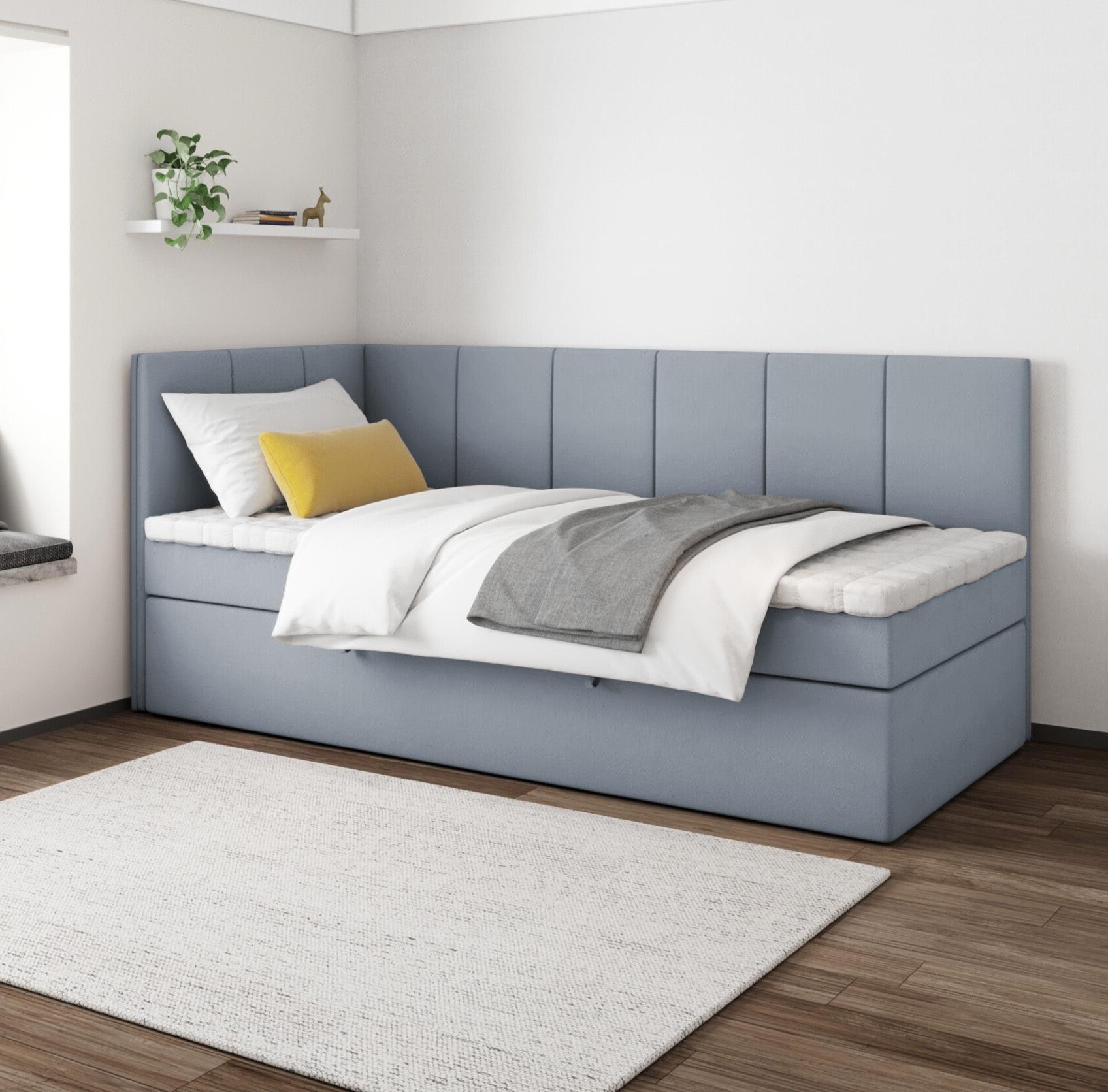 Boxspringbett POLA 90x200 cm, T25 Topper, Kinderbett, Jugendbett, Einzelbetten, Bett, Stauraum Polsterbett, Matratze H3, LINKS (Grau - Itaka 50)