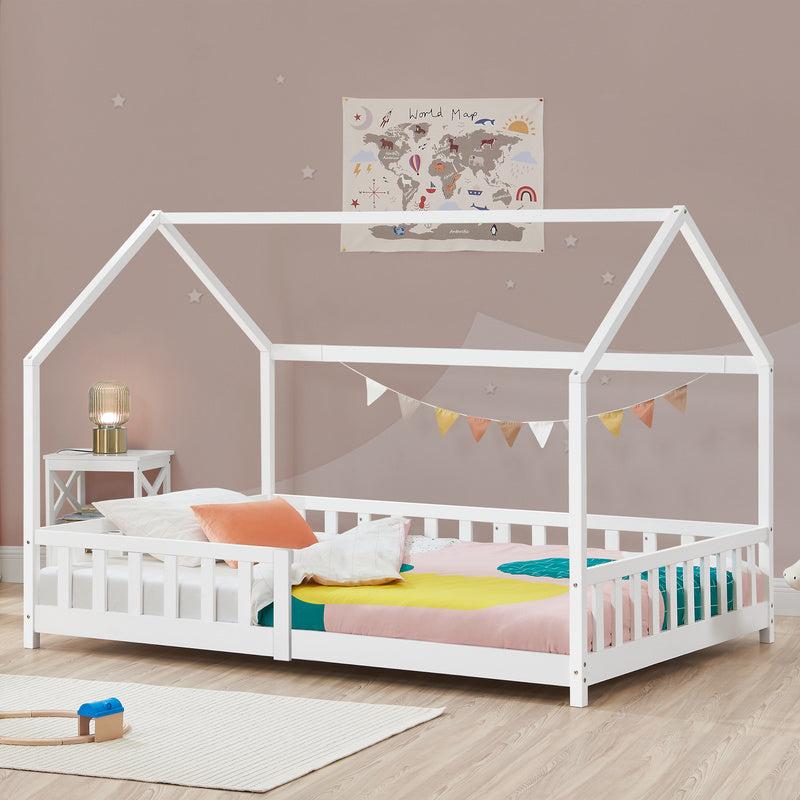 Kinderbett 90x200 cm aus Buche - Hausbett mit Sicherheitsgitter und Lattenrost