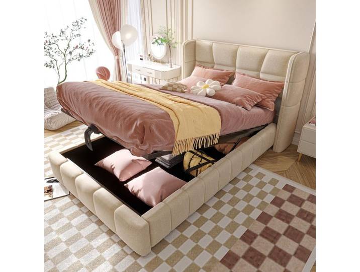 Lit rembourré 90x200 cm - lit enfant avec sommier à lattes tête de lit - lit coffre 90x200 cm - tissu en lin - 90x200 - beige