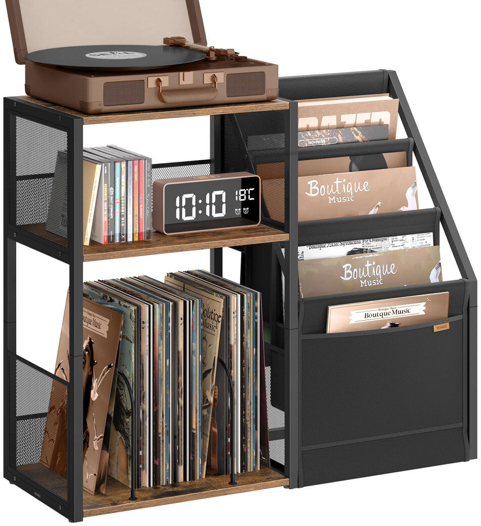 Rio Record Player Stand, 3-Tier Side Table, Vinyl Record Storage Up To 140 Albums, End Table For Living Room, Bedroom, Brown 69cm H X 81cm W X 30cm D