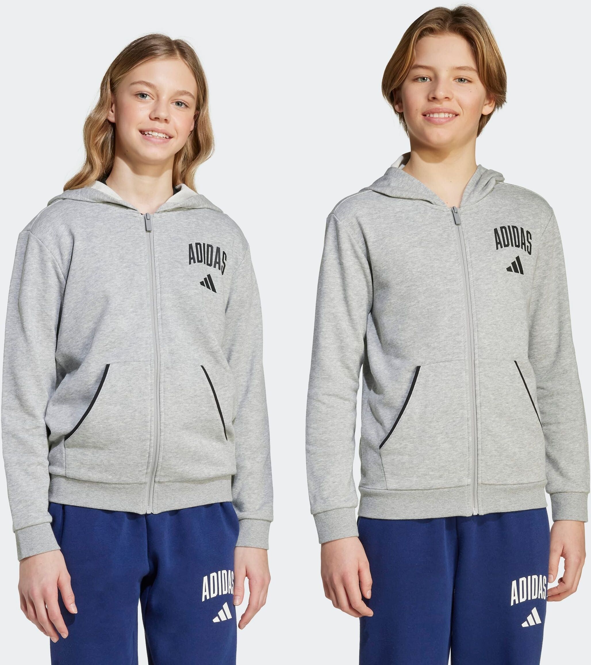 Kapuzensweatshirt ADIDAS SPORTSWEAR "SEASONALS ESSENTIALS COLLEGIATE TYPOGRAPHY FULL-ZIP HOODIE KIDS", Mädchen, Gr. 164, schwarz (medium grau heather, schwarz), Obermaterial: 70% Baumwolle, 30% Polyester, normal, Rundhals, angesetztes Bündchen, Sweatshirt