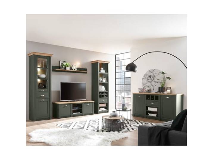 Lomadox Landhaus woonwand set met dressoir, groen met Wotan eiken, met verlichting, kast, staande vitrine, tv-lowboard, wandrek en sideboard