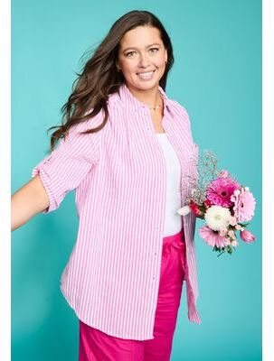 Plus Size Women's Short-Sleeve Button-Down Cotton Seersucker Shirt by Woman Within in Raspberry Sorbet Pop Stripe (Size S) Button Down Seersucker Shi