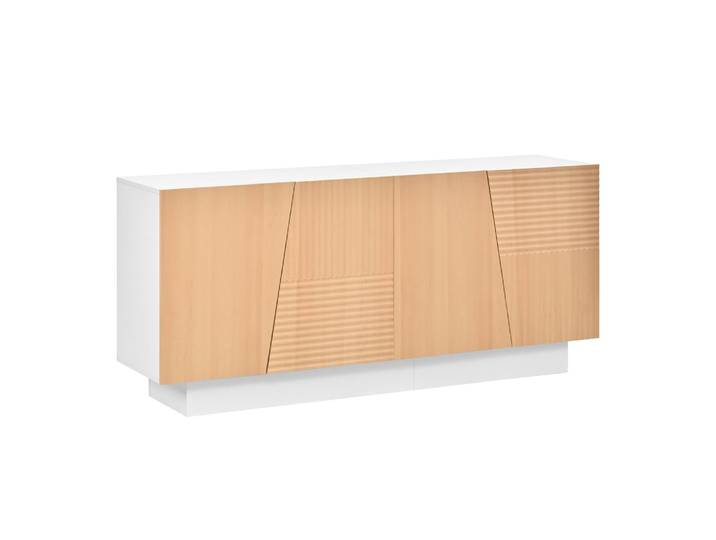 Buffet blanc et effet bois 4 portes asymétriques motifs rainures