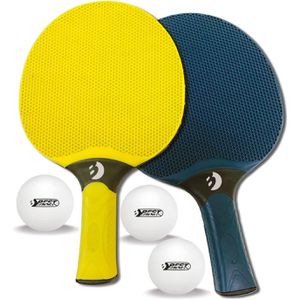 Best-Sporting Tischtennisschläger Outdoor, 5-teiliges Set, aus Holz, gelb/blau, 2 Schläger & 3 Bälle