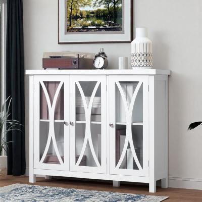 ZWYO HOSIMU "40.3"" Modern Buffet Sideboard Cabinet with 3 Tempered Glass Doors, Arc Pattern and Adjustable Storage Shelf for Living Room"