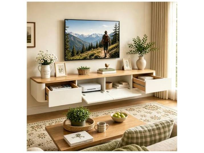 KSYGINXD Schwebende TV Schrank 260cm Beige, Modern TV Lowboard Hängend, TV Board Hängend mit 2 Schubladen 2 Klappen Türen & Kabelmanagement, für Wohnzimmer und Esszimmer