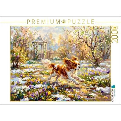 CALVENDO Puzzle Cavalier Spaniel im Frühlingsgarten unterwegs | 2000 Teile Lege-Größe 90x67cm Foto-Puzzle für glückliche Stunden