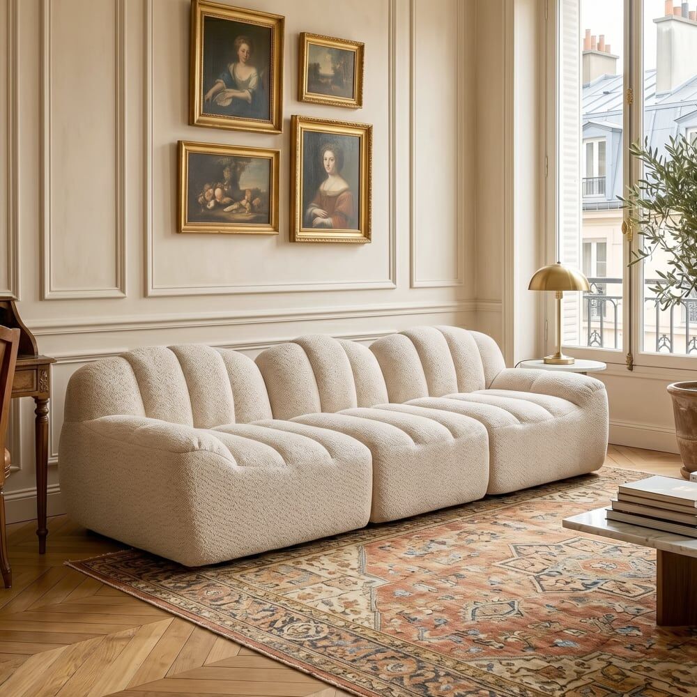 Urban Meuble Canapé modulaire 3 places beige blanc avec pouf, tissu polaire Beige 288x79x104cm