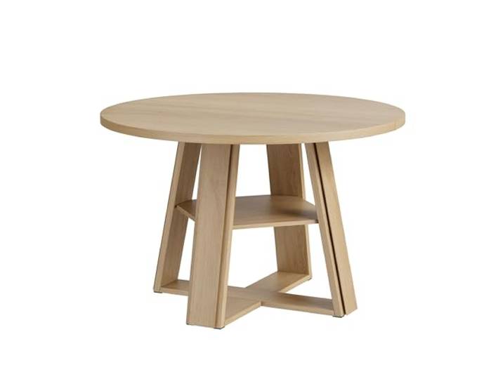 Garvee Runder Esstisch Modern-Farmhouse, 110×110×75 cm, Stabiler Holz-Säulenbasis mit Ablagebord, platzsparend für Küche & Esszimmer, Sitz für 4–6 Personen, eleganter Naturholzfarben