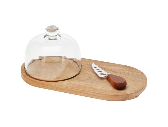 Käsebrett aus Holz mit Käseglocke und Käsemesser