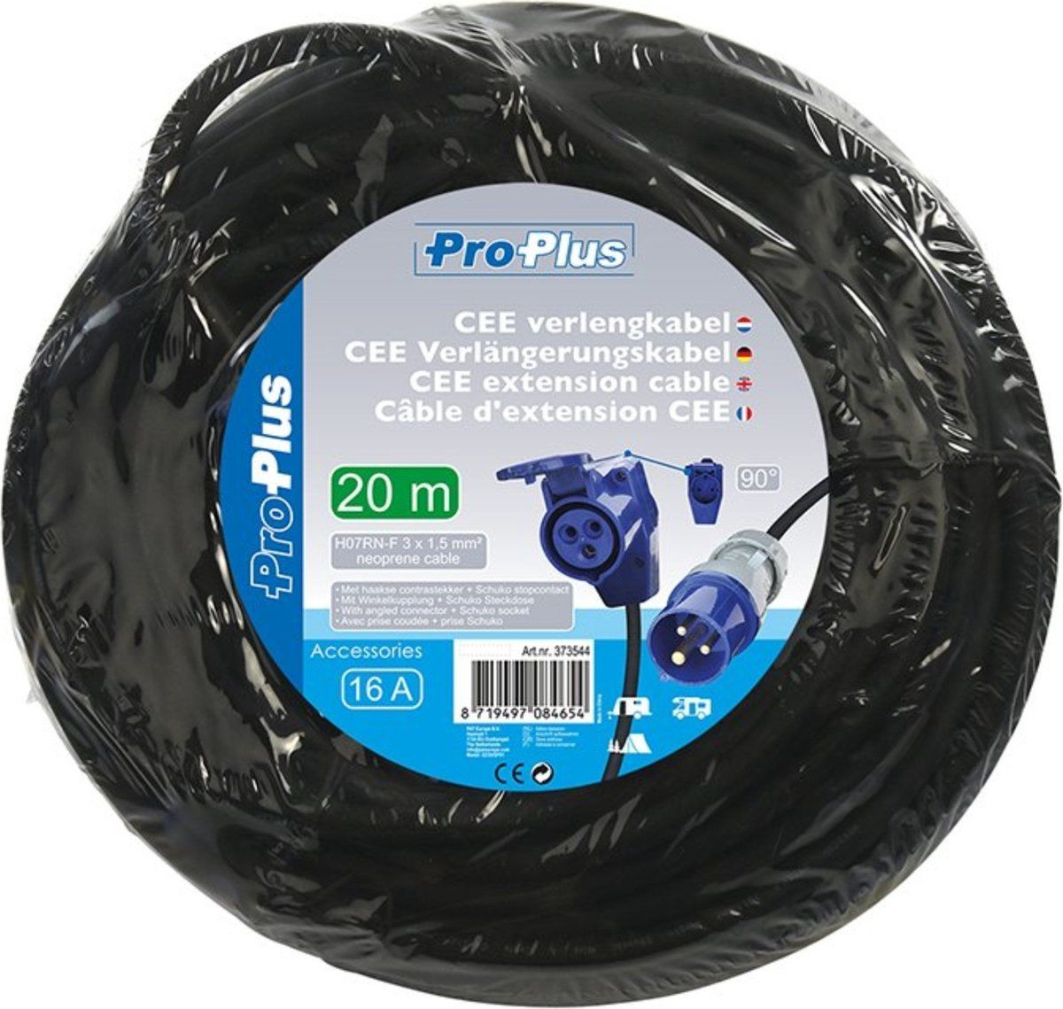 ProPlus Verlengkabel 20 meter met Haakse CEE contrastekker en Schuko stopcontact, 16A, IP44, H07RN-F 3G1.5 mm²