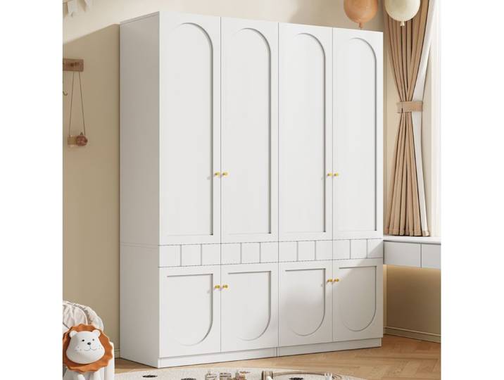 WOVREO Lot de 2 armoires de chambre 160x50x200 cm avec penderie tiroirs MDF laqué blanc