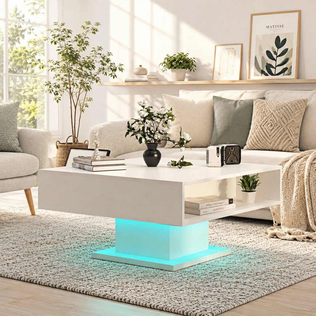 Metro 78cm White Square Lift-Top Coffee Table with Hidden Storage and LED Lights White 40cm H X 78cm W X 78cm D