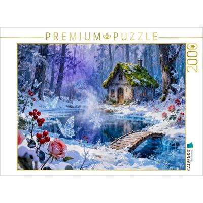 CALVENDO Puzzle Winter Cottage am Bach mit Brücke und Rosenzauber | 2000 Teile Lege-Größe 90x67cm Foto-Puzzle für glückliche Stunden
